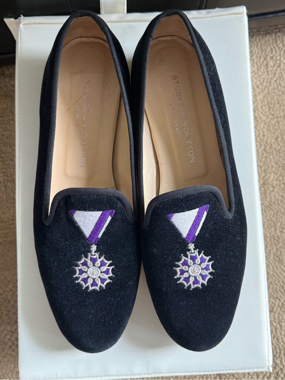 Stubbs & Wootton Black Velvet Embroidered Medal Loafers - Women